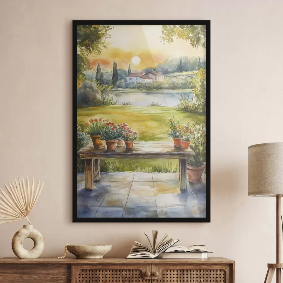 Fototapetai Kaimas ant saulėlydžio, kaimiškas, vasaros gėlės, ežeras, akvarelės stilius f44016