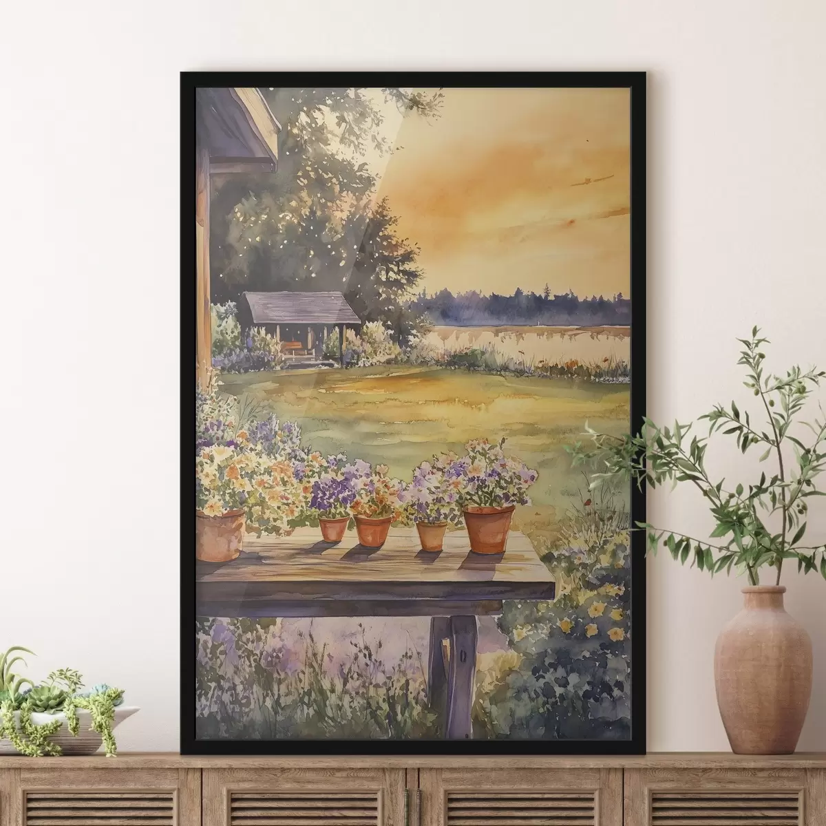 Plakatas Gėlės kaimo sode, saulėlydžio spalvos, akvarelės stilius f44019