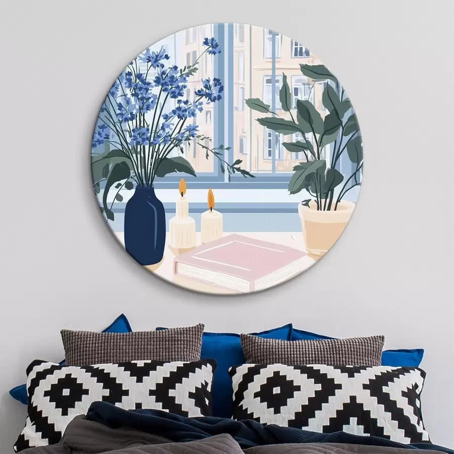 Paveikslėlis Jaukūs namai su gėlėmis ir vaizdu pro langą, architektūra, mėlynos spalvos r44010