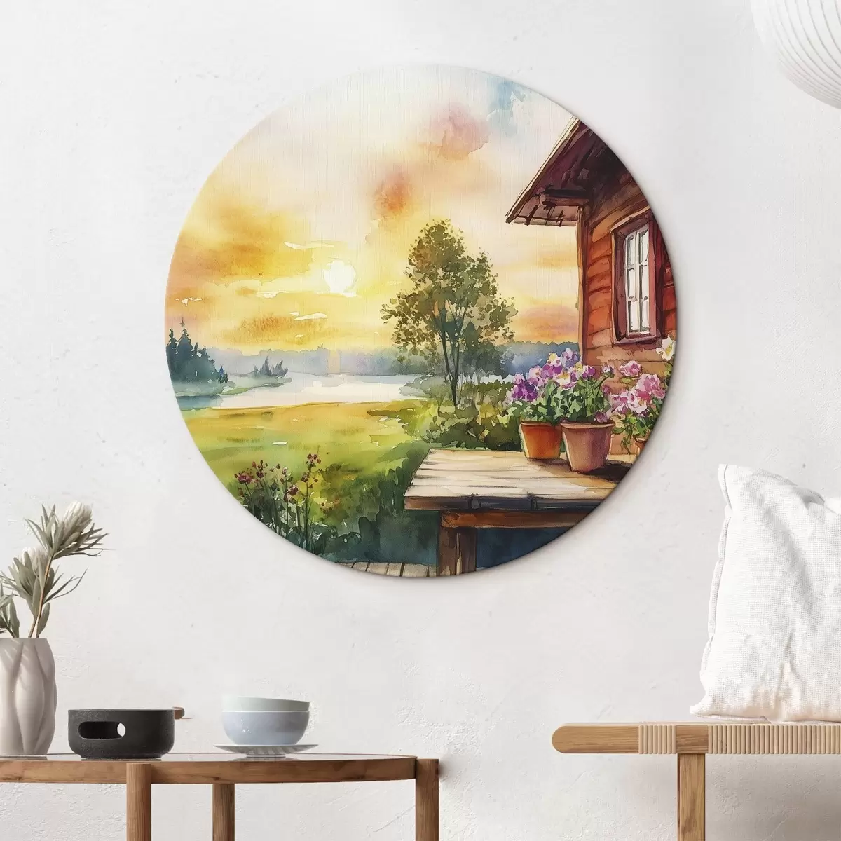 Apvalūs paveikslai Saulėlydžio spalvos, ūkis, akvarelės stilius, kaimiškas, vasaros gėlės r44017