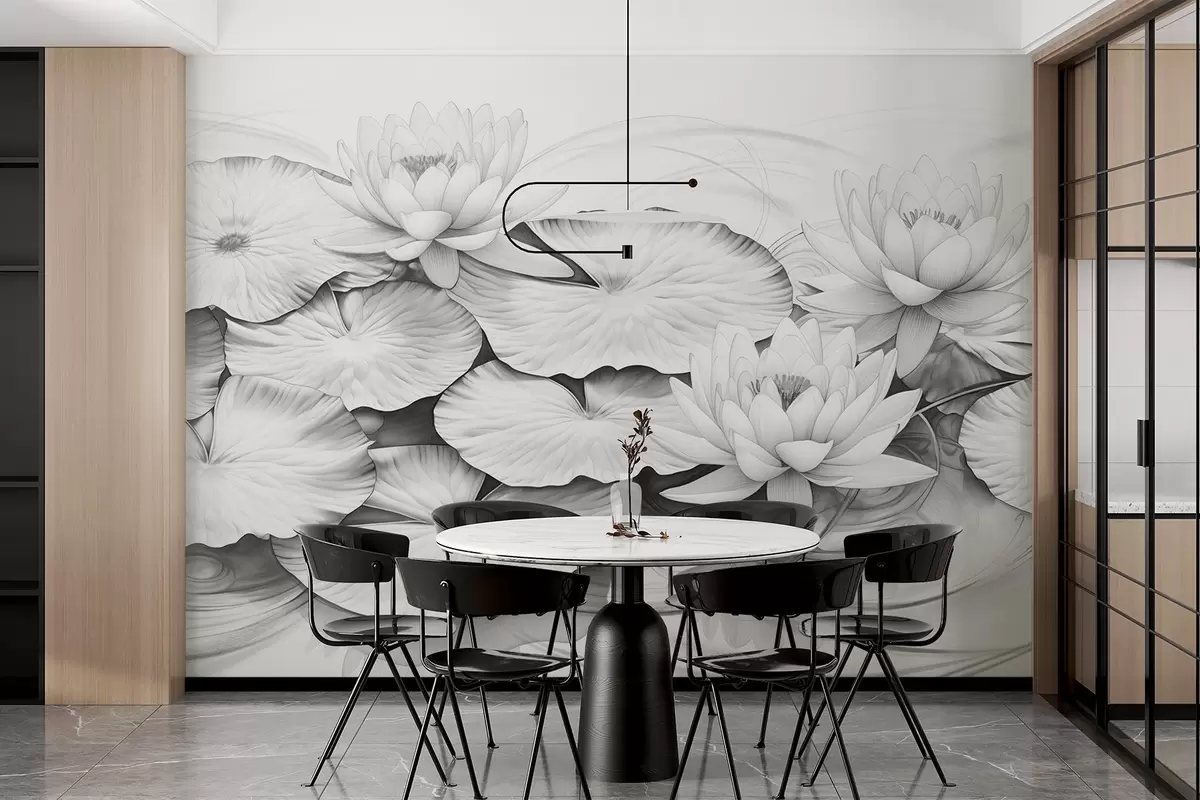 Fototapetai Vandens lelijos ir lelijų pagalvėlės tvenkinyje, juodai balta piešinio pieštuku imitacija, detali botaninė iliustracija, gamtos menas w09006 - Uwalls.lt Fototapetai Vandens lelijos ir lelijų pagalvėlės tvenkinyje, juodai balta piešinio pieštuku imitacija, detali botaninė iliustracija, gamtos menas w09006