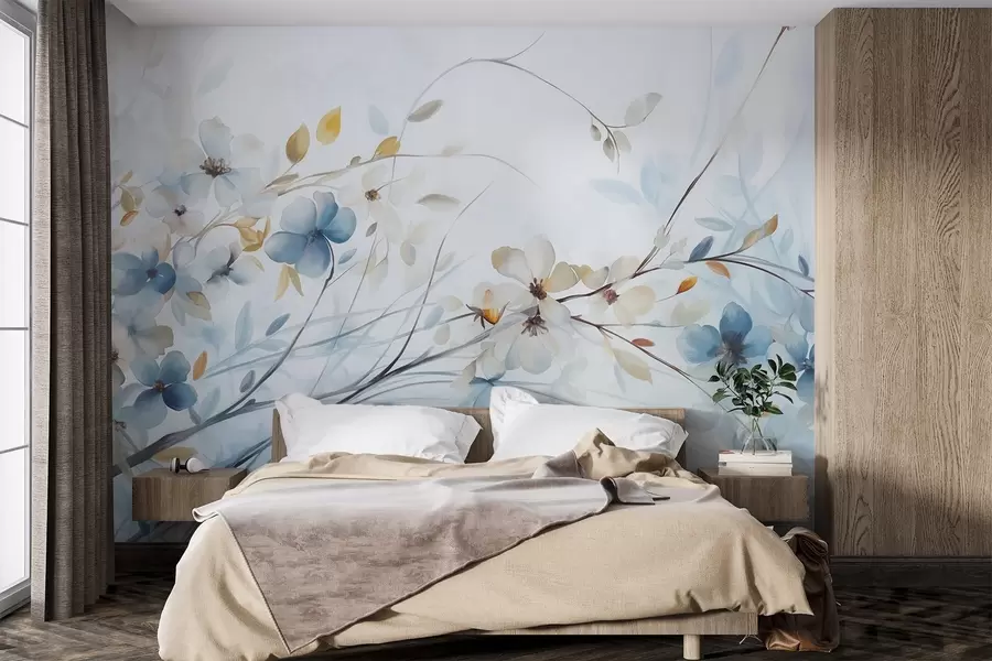 Fototapetai Gėlių kompozicija su mėlynais, oranžiniais lapais ir baltomis gėlėmis, subtilūs žiedlapiai, plonos šakelės, švelnios spalvos, akvarelės efektas w09009