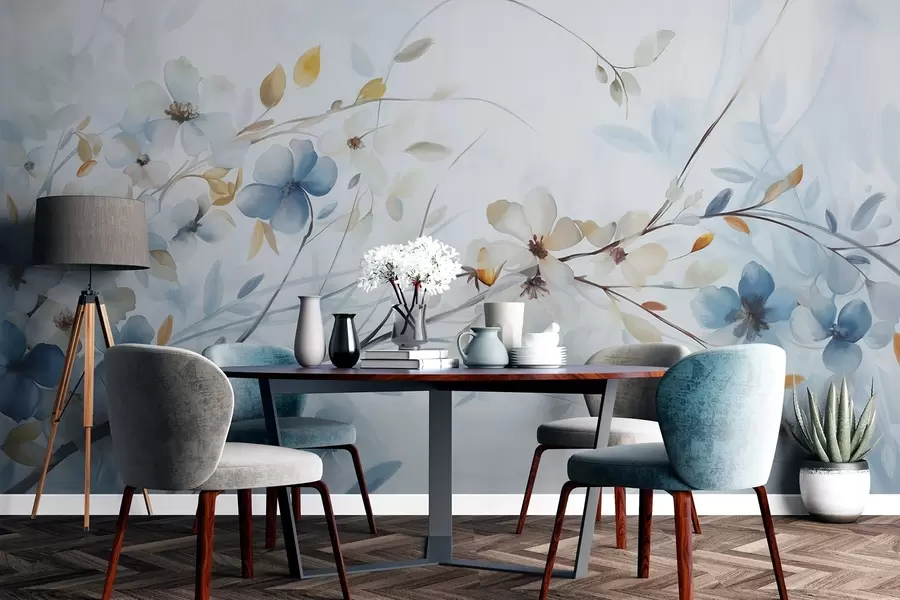 Fototapetai Gėlių kompozicija su mėlynais, oranžiniais lapais ir baltomis gėlėmis, subtilūs žiedlapiai, plonos šakelės, švelnios spalvos, akvarelės efektas w09009