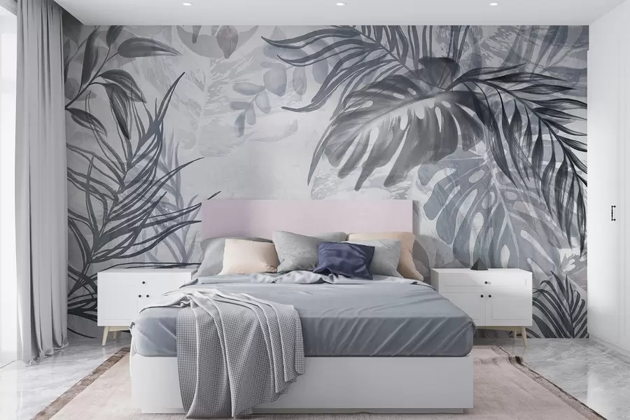 Fototapetai Monstera ir palmių lapai mėlynos ir pilkos spalvos atspalviais, botanikos, atogrąžų lapija, džiunglių augalai, tekstūruotas fonas w09011v1