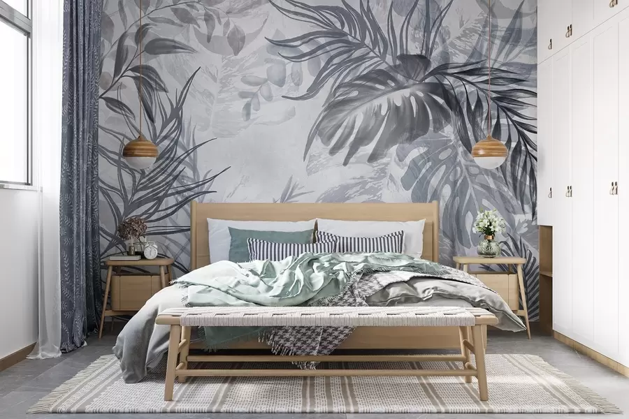 Fototapetai Monstera ir palmių lapai mėlynos ir pilkos spalvos atspalviais, botanikos, atogrąžų lapija, džiunglių augalai, tekstūruotas fonas w09011v1