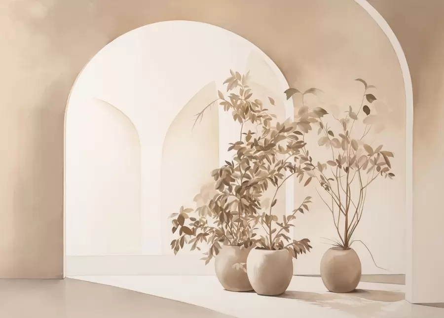 Fototapetai Augalai smėlio spalvos vazonuose priešais abstrakčias arkas, minimalistinis stilius, elegantiškas ir švarus, neutralus fonas w09013