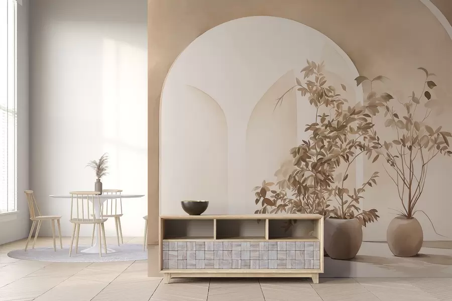 Fototapetai Augalai smėlio spalvos vazonuose priešais abstrakčias arkas, minimalistinis stilius, elegantiškas ir švarus, neutralus fonas w09013