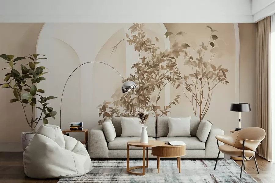 Fototapetai Augalai smėlio spalvos vazonuose priešais abstrakčias arkas, minimalistinis stilius, elegantiškas ir švarus, neutralus fonas w09013
