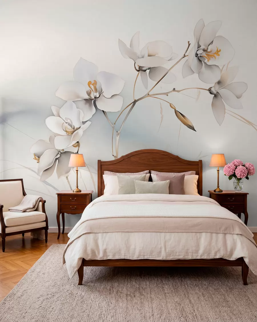 Fototapetai Baltos orchidėjos šakelė akvarelės stiliumi w09022