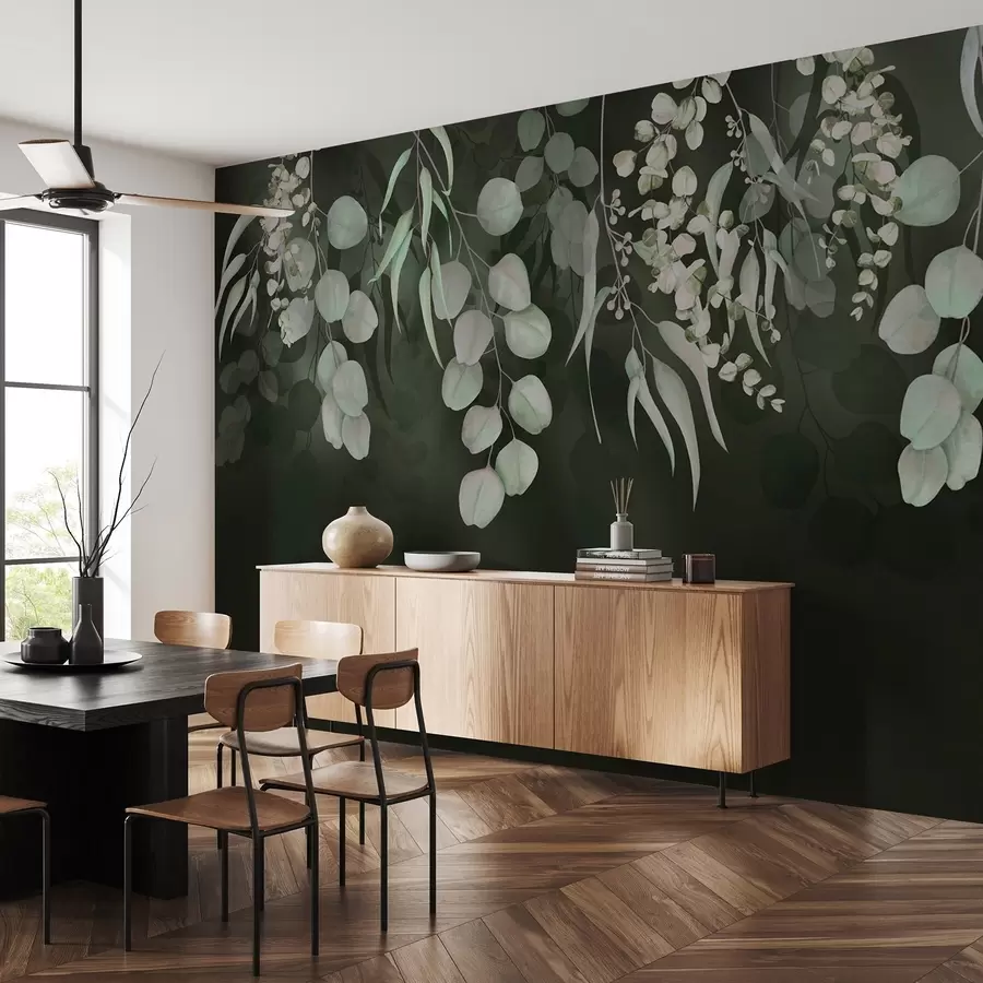 Fototapetai Atogrąžų lapai tamsiai žaliame fone, gėlių w03752