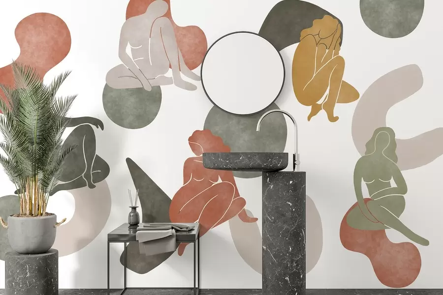 Fototapetai Geometrinės abstrakcijos su moteriškais siluetais, boho stilius, ruda, smėlio, žalia w03753