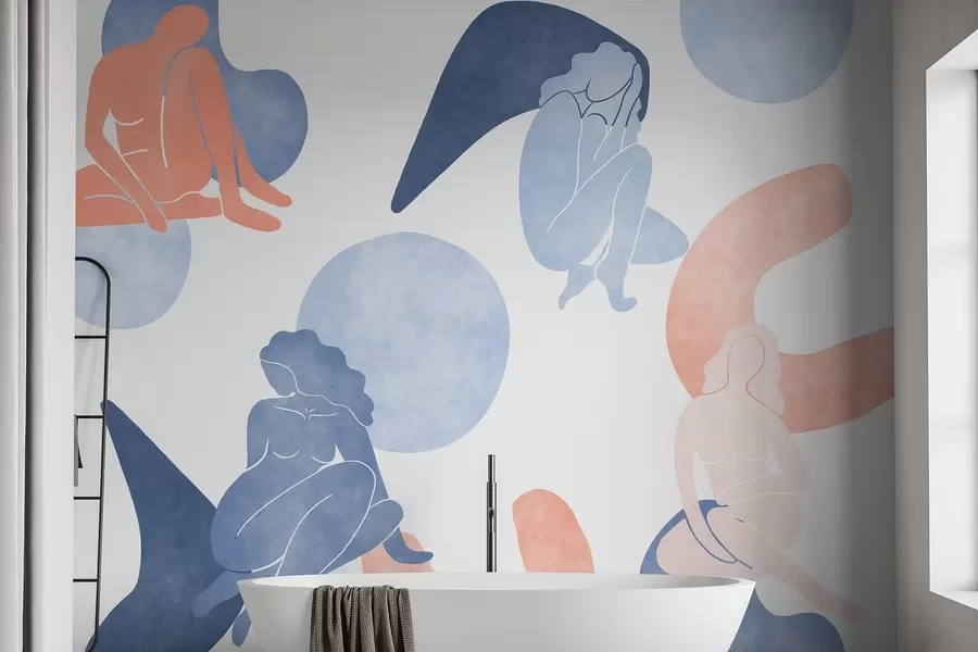 Fototapetai Geometrinės abstrakcijos su moterų siluetais, boho stilius, mėlyna, smėlio, rožinė w03753v1