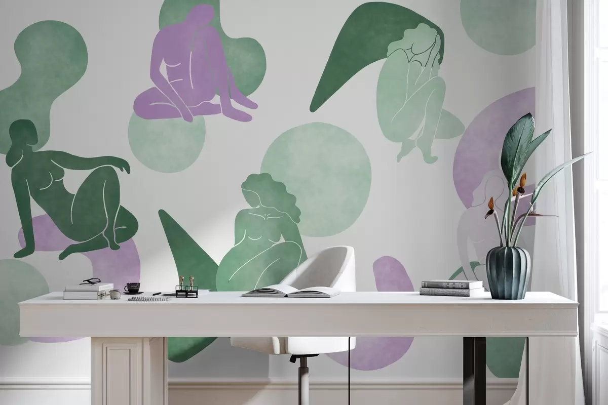 Fototapetai Geometrinės abstrakcijos su moterų siluetais, boho stilius, violetinė, žalia w03753v4