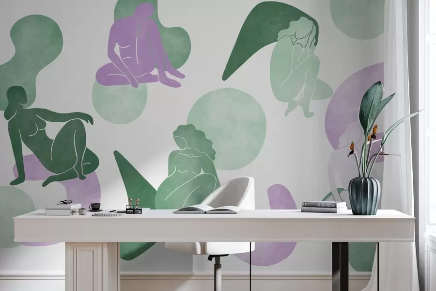 Fototapetai Geometrinės abstrakcijos su moterų siluetais, boho stilius, violetinė, žalia w03753v4