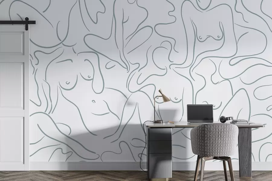 Fototapetai Linijinis piešinys anatominiai siluetai, abstrakcija, mėlyna spalva w03755v1