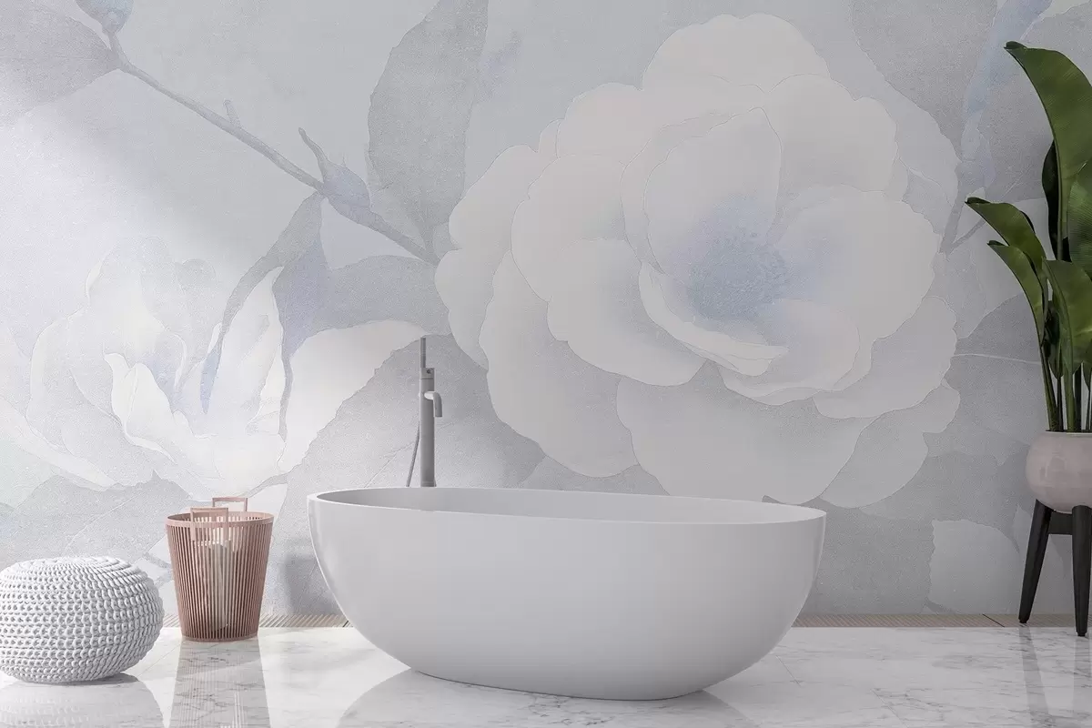 Fototapetai Minkšta pastelinė spalva su kamelijų žiedais ant šakos, mėlynos spalvos w03760v1