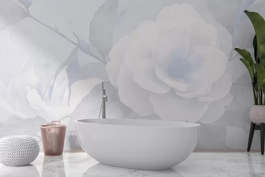 Fototapetai Minkšta pastelinė spalva su kamelijų žiedais ant šakos, mėlynos spalvos w03760v1