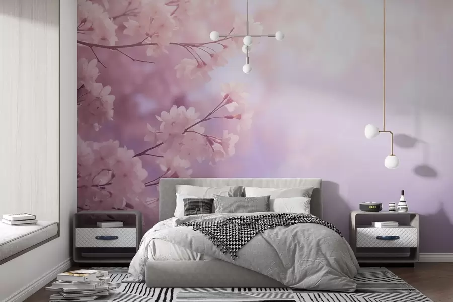 Fototapetai Sakurų šakos su rožinėmis gėlėmis pasteliniame fone w03804