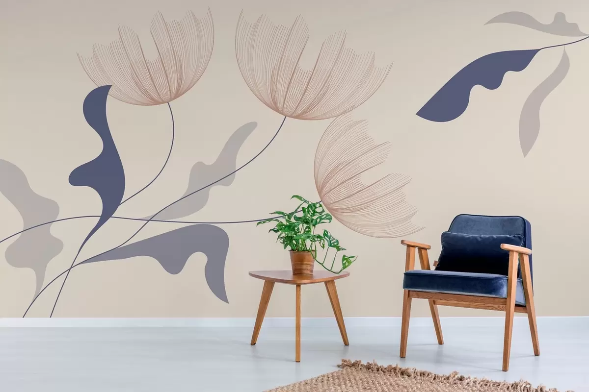 Fototapetai elegantiškos minimalistinės mėlynos spalvos gėlės smėlio spalvos fone w03763