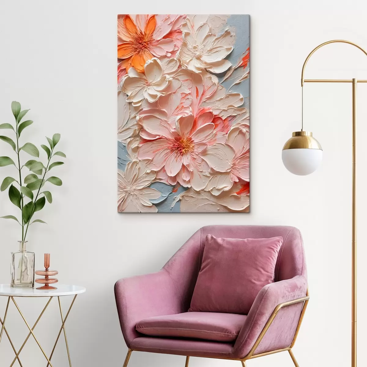 Paveikslėlis Baltos ir rožinės gėlės mėlyname fone aliejinės tapybos stiliumi s44074