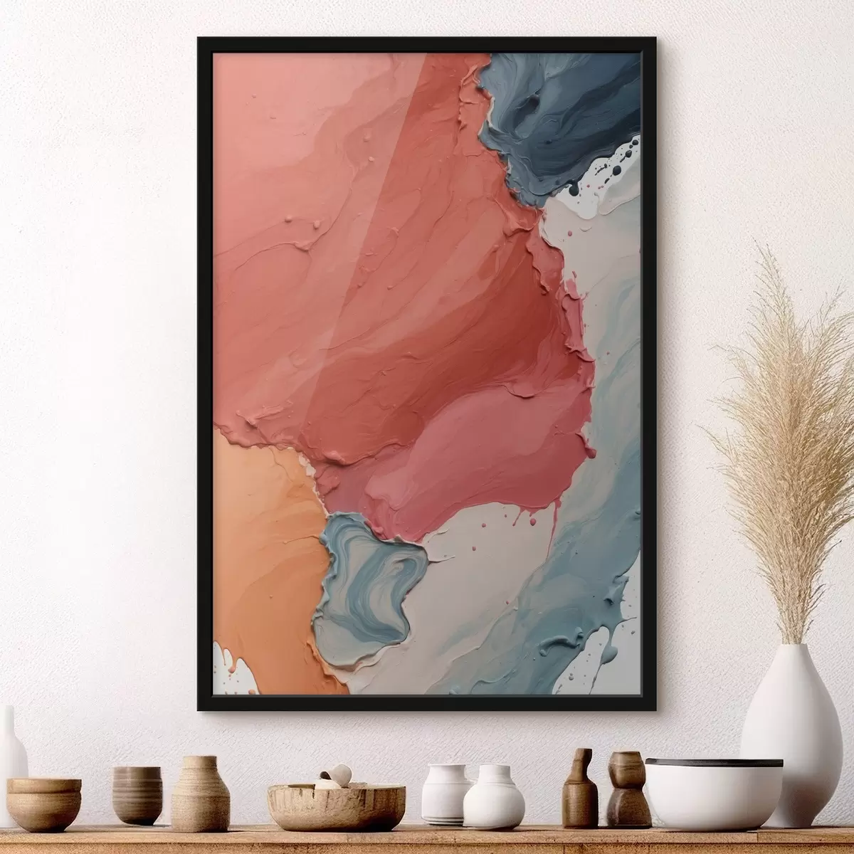 Plakatas Abstrakti raudonos, geltonos ir mėlynos spalvų tapyba aliejiniais dažais f44068