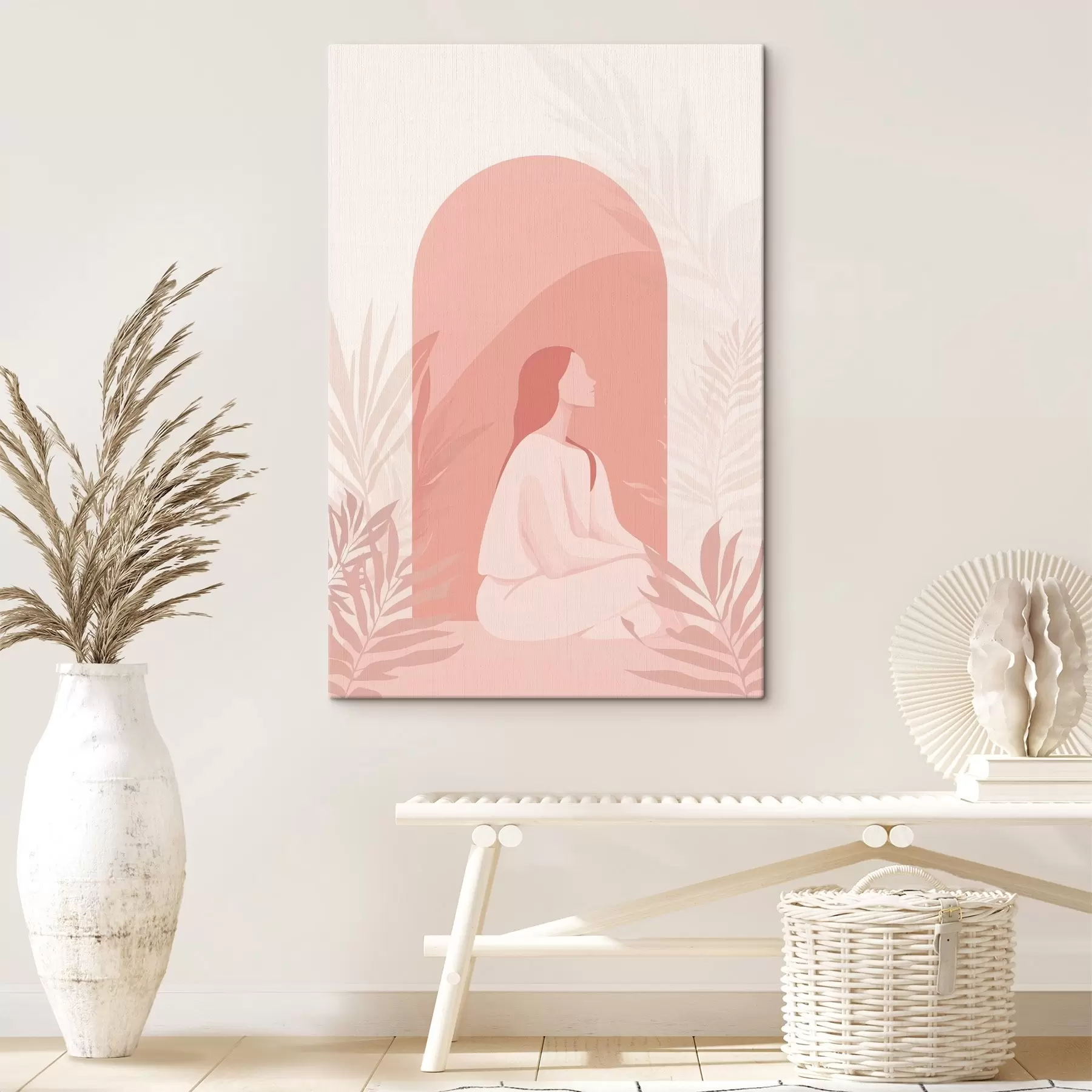 Fototapetai Moteris meditacijoje, plokščias stilius, atogrąžų augalai, rožinės spalvos s44154