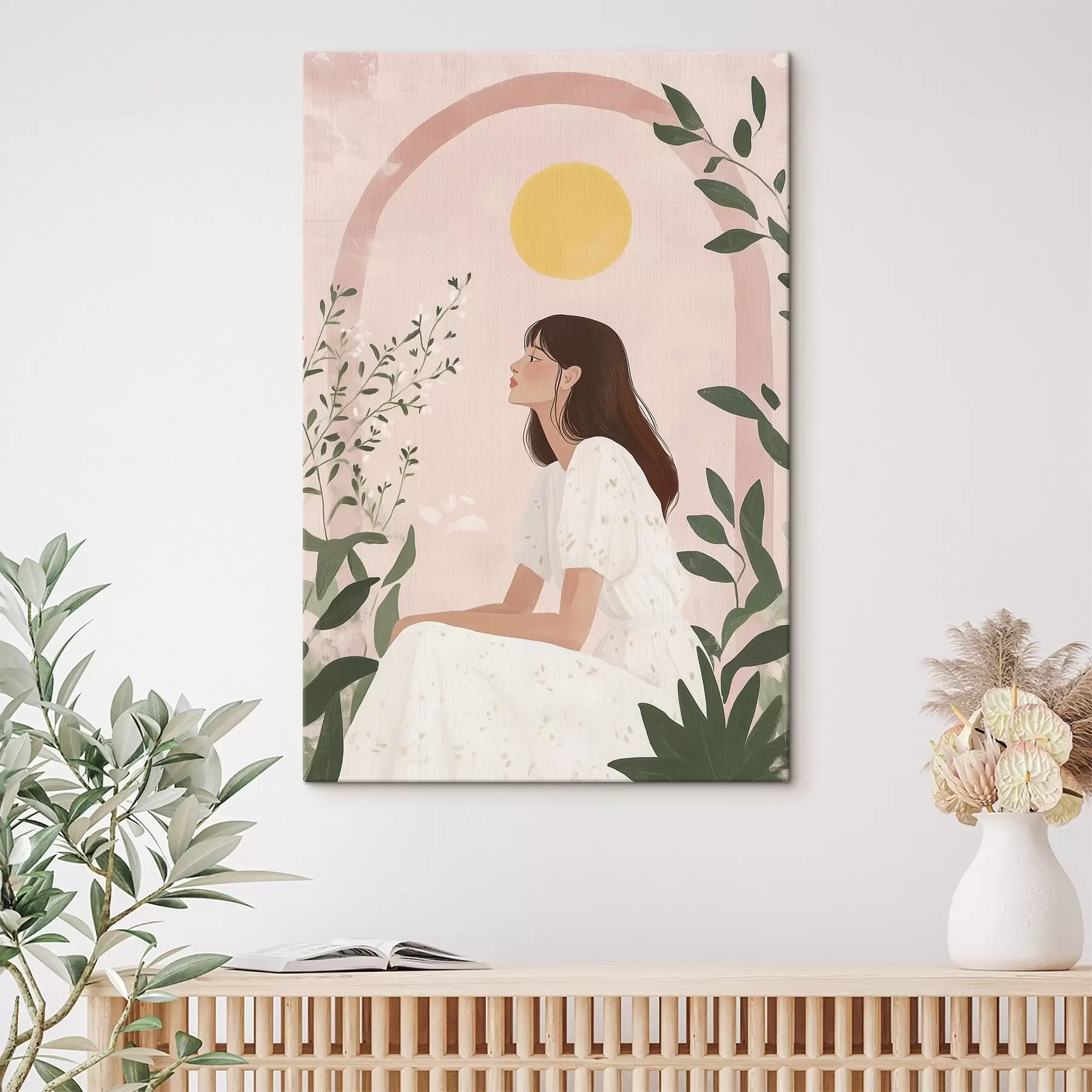 Paveikslėlis Graži moteris atogrąžų sode, saulė, pastelinės spalvos s44155