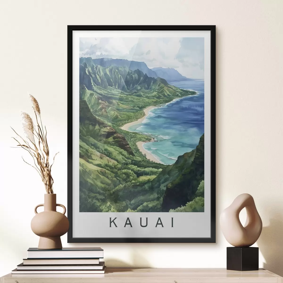 Plakatas Žalieji kalnai, Havajai, vandenynas, tropinis, akvarelės stilius f44143
