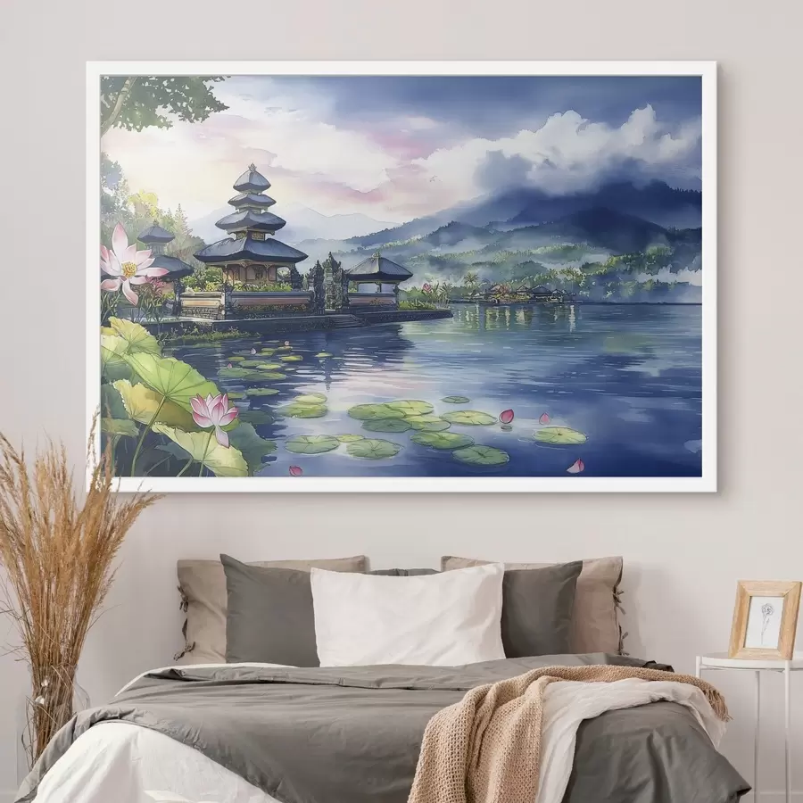 Fototapetai Indonezijos sala, šventykla, budizmas, atogrąžų gamta, akvarelės stilius f44148