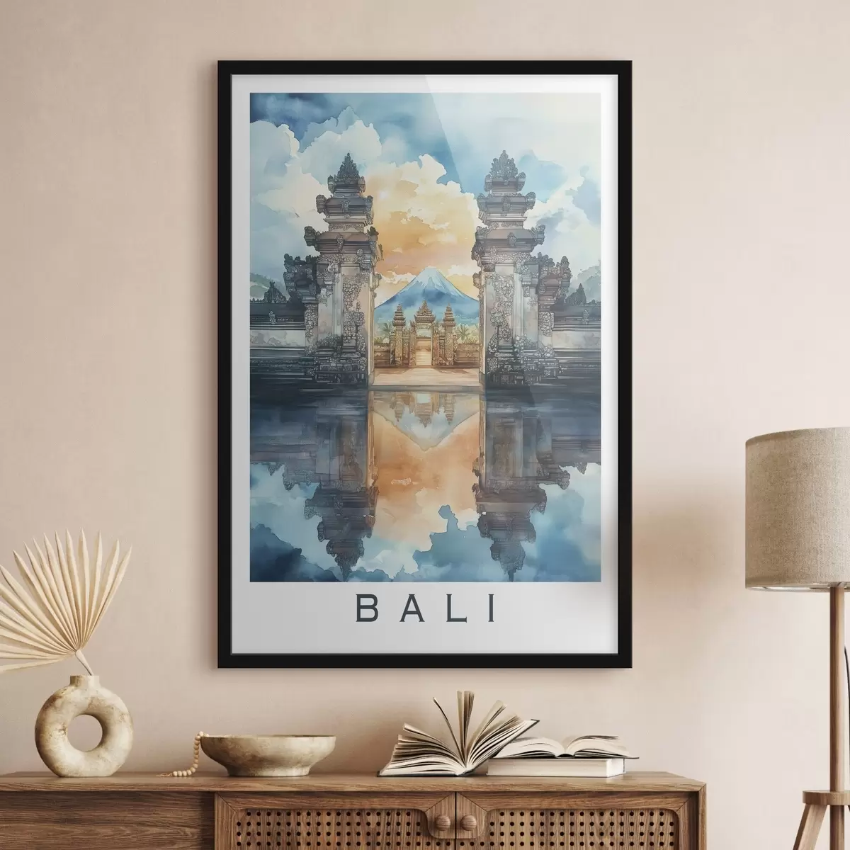 Plakatas Balio estetika, šventykla, saulėlydžio dangus, atogrąžų gamta, akvarelės stilius f44149