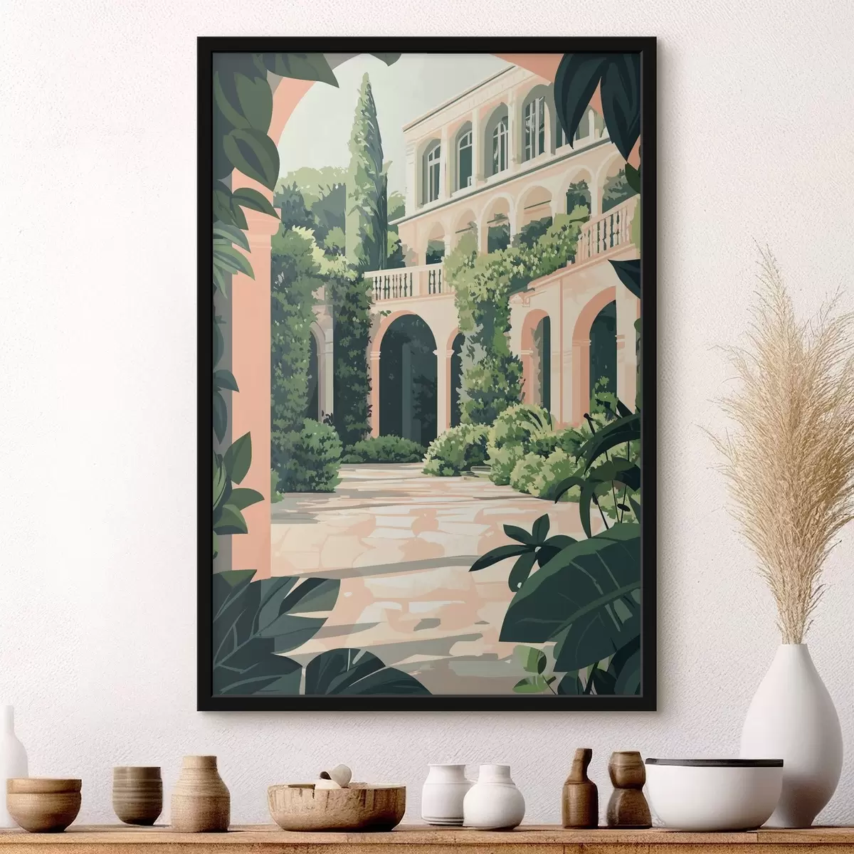 Plakatas Viduržemio jūros architektūra, atogrąžų gamta, plokščias stilius, vila su sodu f44150