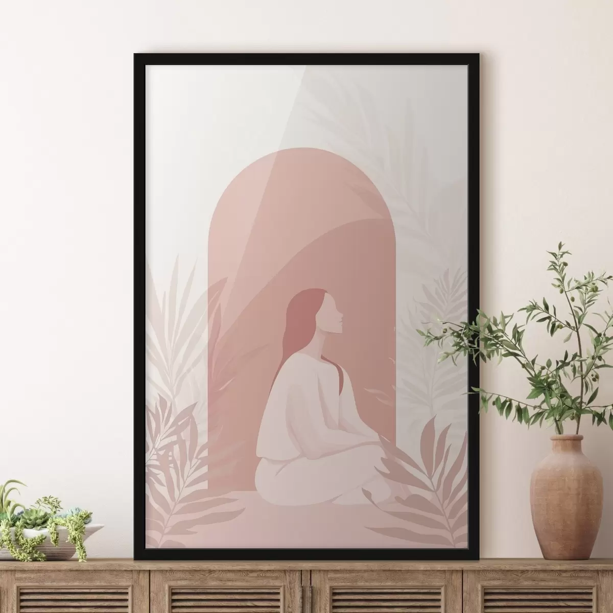 Plakatas Moteris meditacijoje, plokščias stilius, atogrąžų augalai, rožinės spalvos f44154
