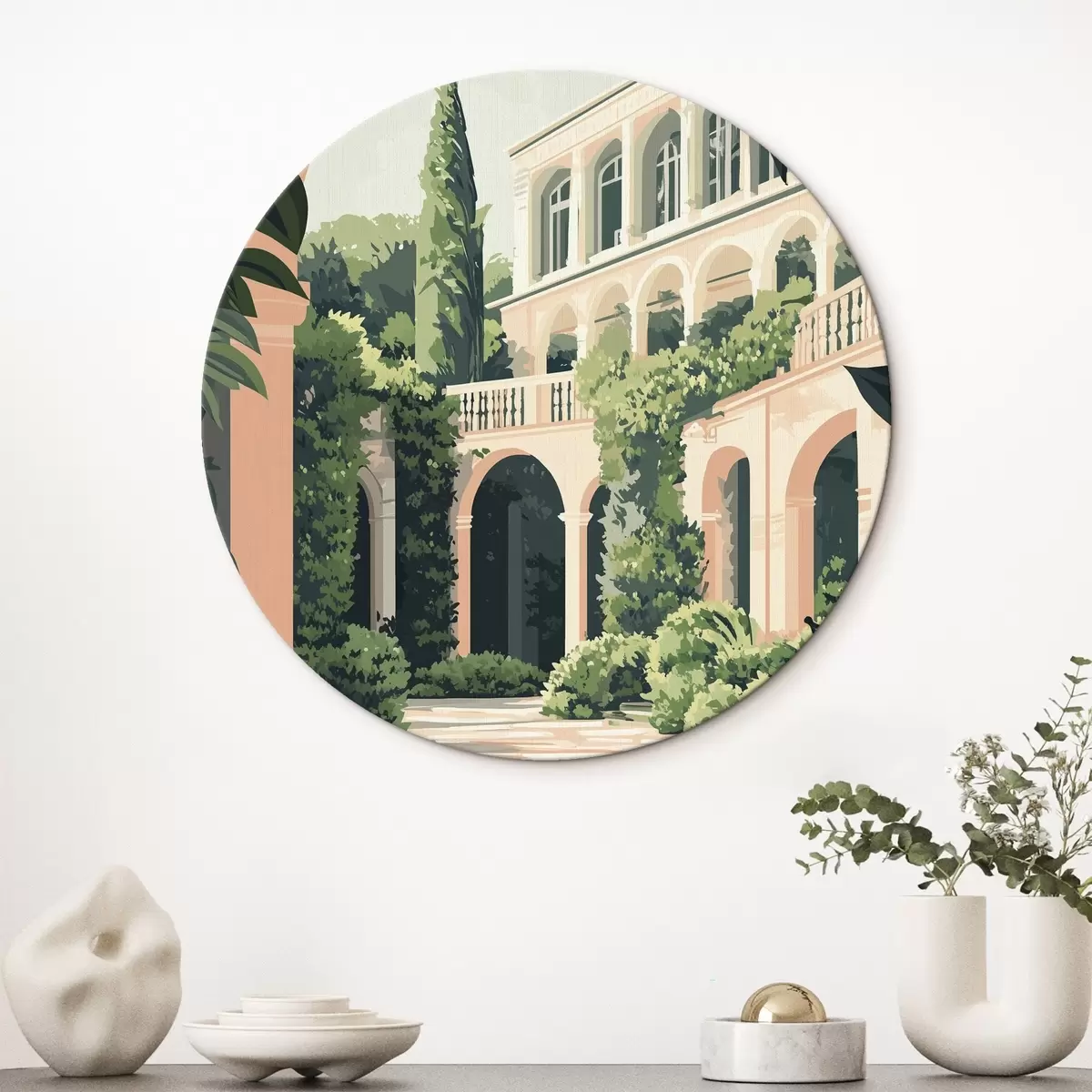 Apvalūs paveikslai Viduržemio jūros architektūra, atogrąžų gamta, plokščias stilius, vila su sodu r44150