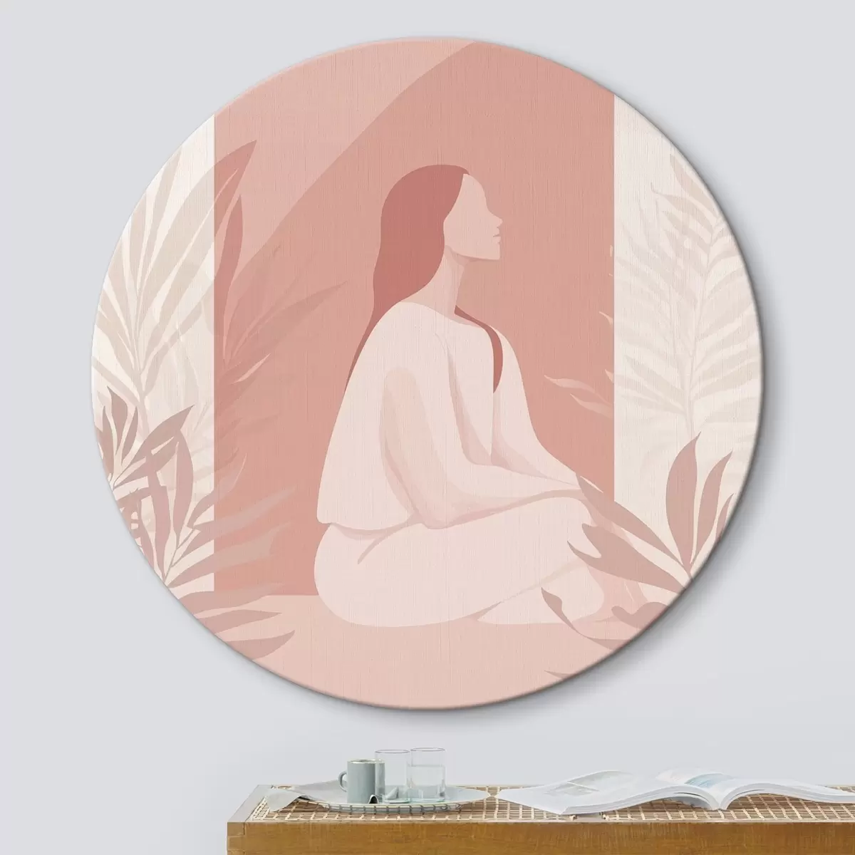 Apvalūs paveikslai Moteris meditacijoje, plokščias stilius, atogrąžų augalai, rožinės spalvos r44154