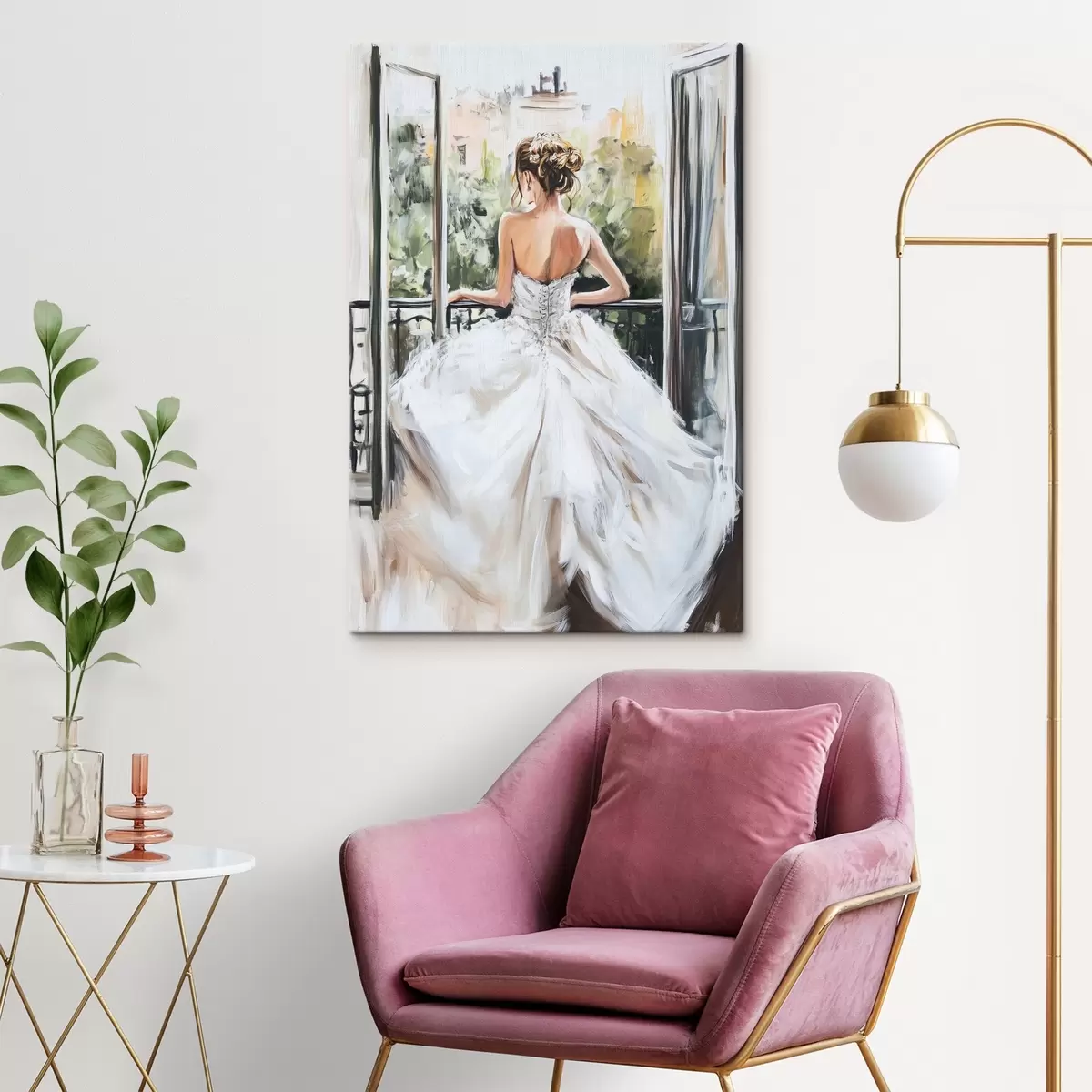 Paveikslėlis Mergina balta suknele balkone s44226
