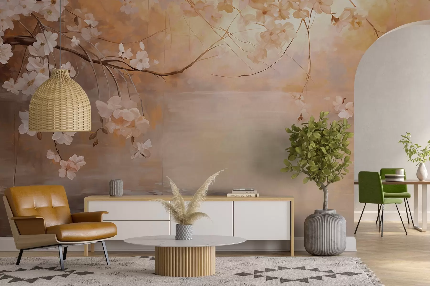 Fototapetai Abstraktus kraštovaizdžio menas su žiedų šaka ir baltomis gėlėmis, kabančiomis virš ežero, švelnios pastelinės spalvos w09046