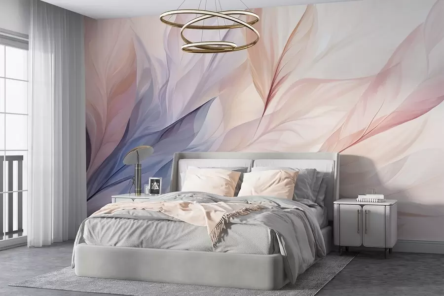 Fototapetai Abstraktus gėlių dizainas, kurio pastelinių rausvų, persikinių ir mėlynų atspalvių žiedlapiai sudaro švelnią ir svajingą kompoziciją w09049