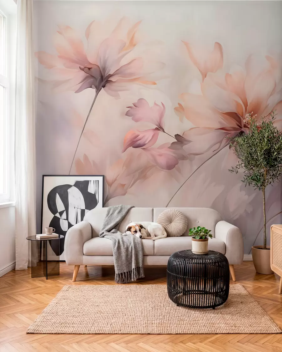 Fototapetai Subtilus gėlių menas su didelėmis pastelinių spalvų gėlėmis su permatomais žiedlapiais, minkštais stiebais ir švelniu išsklaidytu fonu  w09050