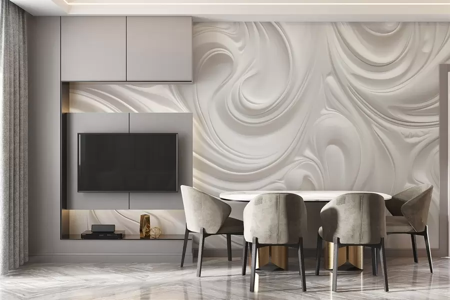 Fototapetai Baltas abstraktus šiuolaikinis menas su sklandžiais sūkuriais ir bangomis, lygi tekstūra, elegantiškas dizainas, minimalistinė estetika w09059