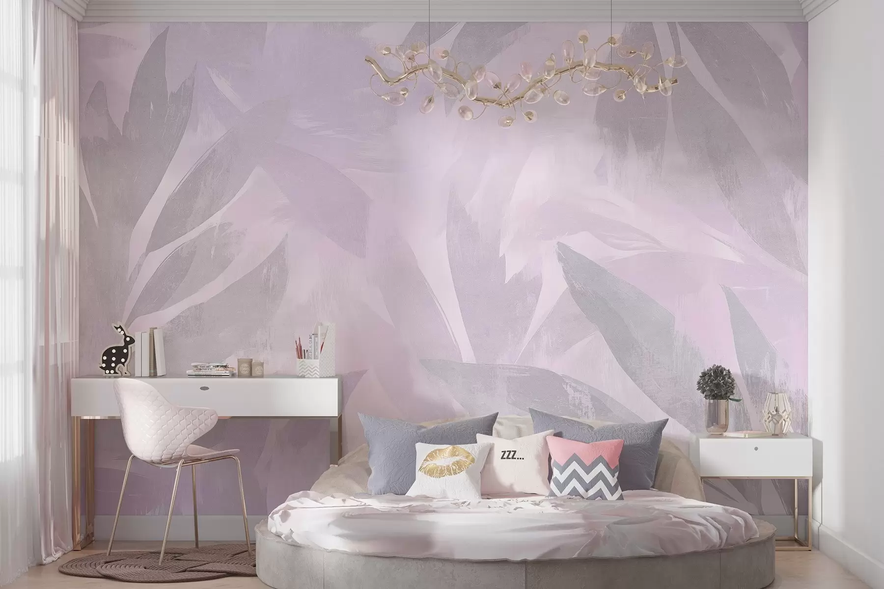 Fototapetai Atogrąžų lapai, gėlių, palmės, pastelinis stilius, violetinės spalvos w03881v1