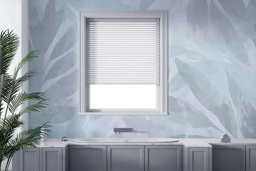 Fototapetai Atogrąžų lapai, gėlių, palmės, pastelinis stilius, mėlynos spalvos w03881v2