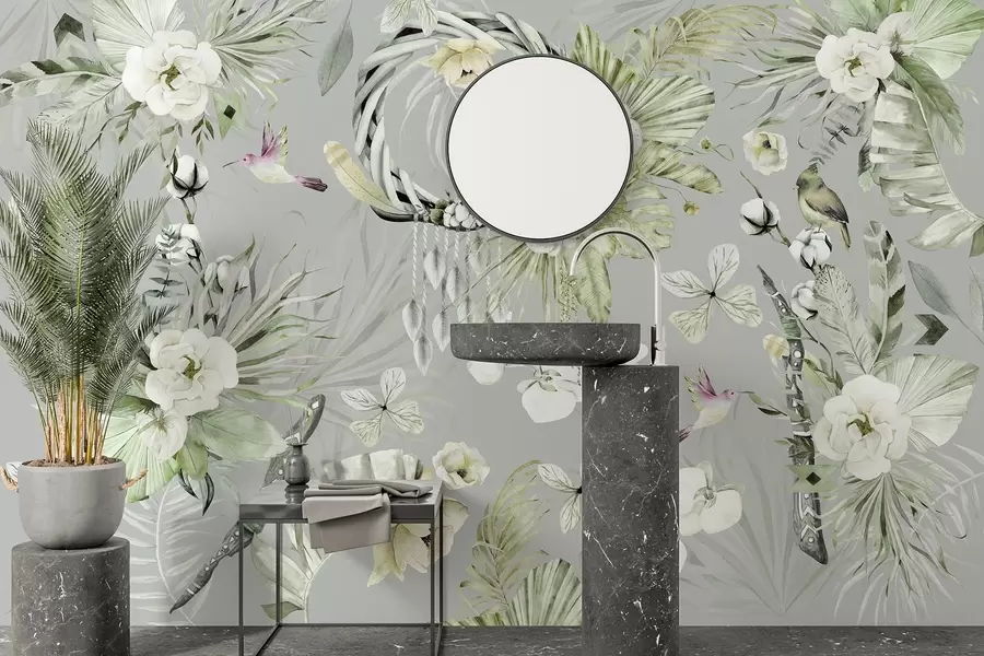 Fototapetai Boho stiliaus ornamentas su bijūnų gėlėmis ir paukščiais, akvarelės stilius, žalios spalvos w03885v2