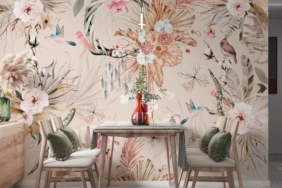 Fototapetai Boho stiliaus ornamentas su bijūnų gėlėmis ir paukščiais, akvarelės stilius, švelnios spalvos w03885v3
