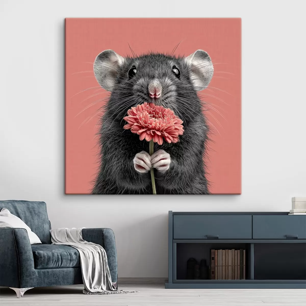 Paveikslėlis Minimalistinio stiliaus smalsi žiurkė su rožine gerbera s44241