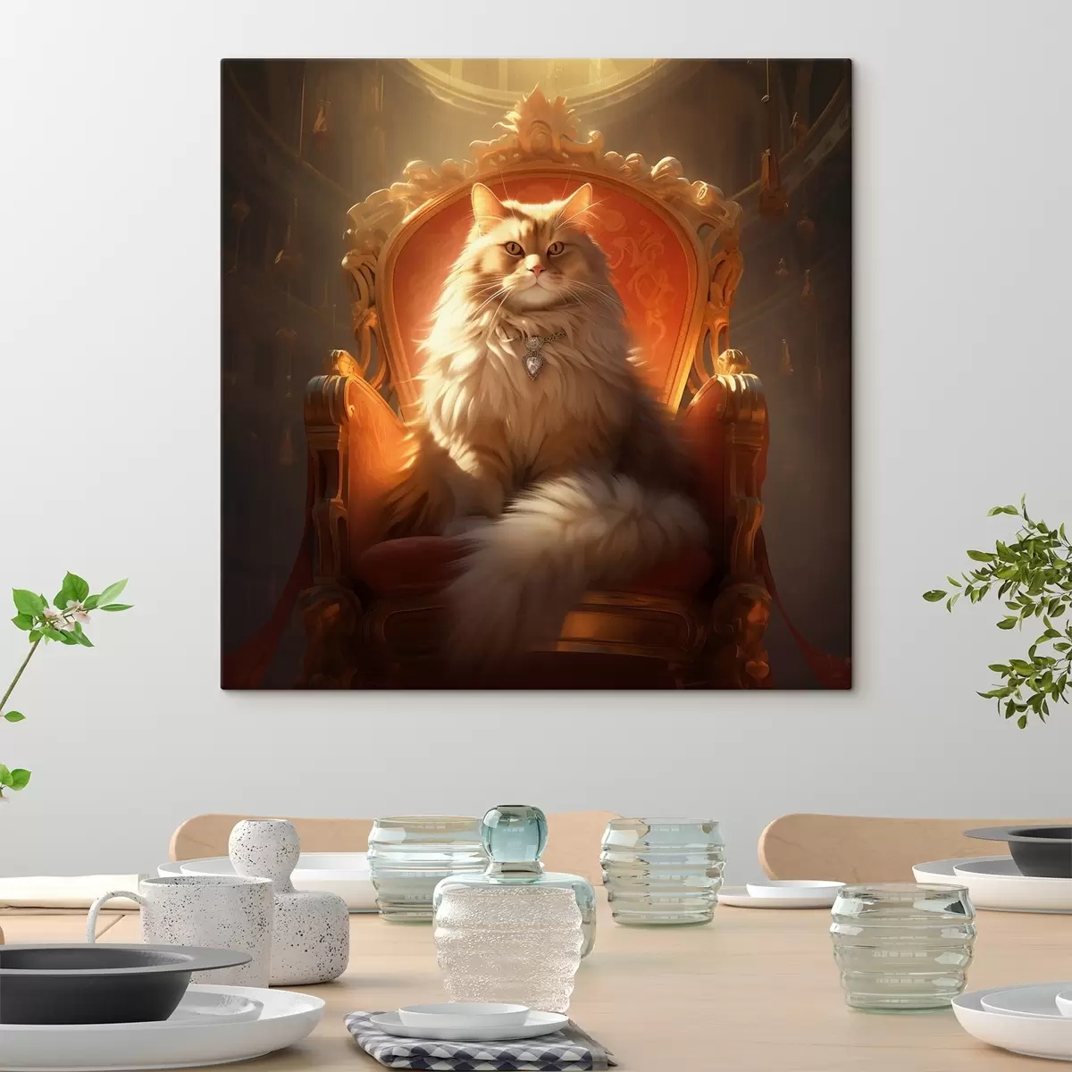 Paveikslėlis Karališkas katinas gintarinėmis akimis ant sosto šlovės spinduliuose barokinio stiliaus soste s44250