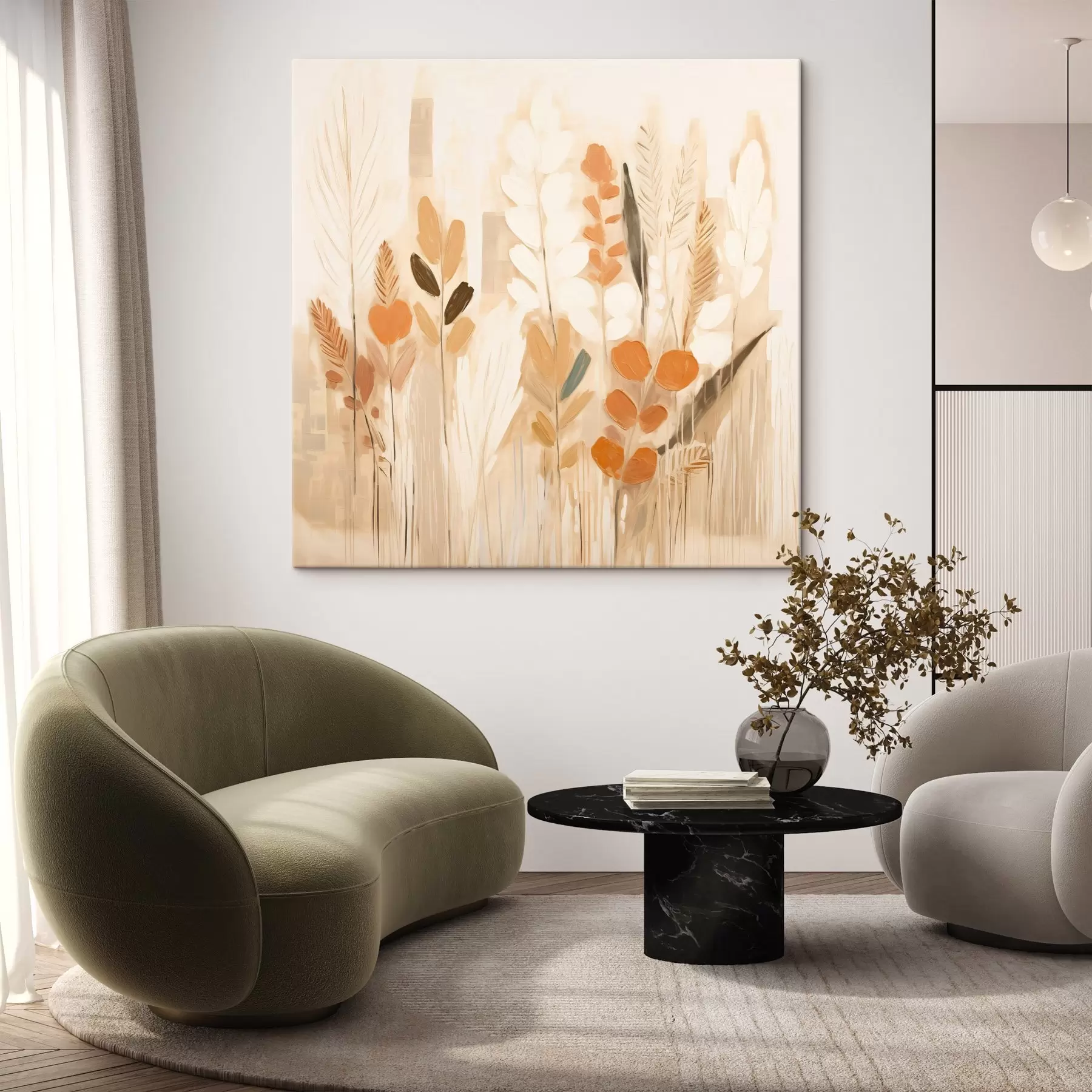 Paveikslėlis Šilta abstrakcija su lauko žolėmis ir gėlėmis smėlio-oranžinės spalvos paletėje, sukurta secesijos stiliumi s44252