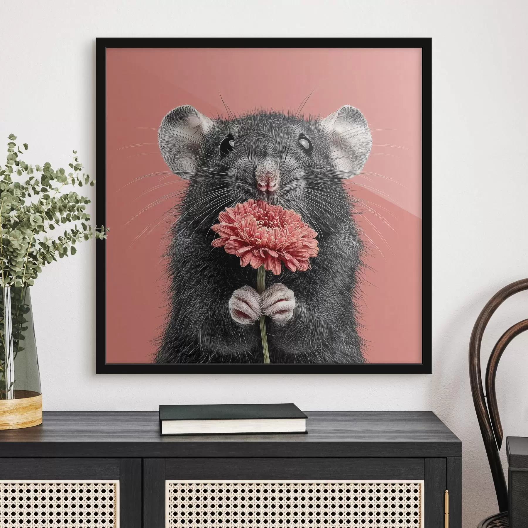 Fototapetai Minimalistinio stiliaus smalsi žiurkė su rožine gerbera f44241