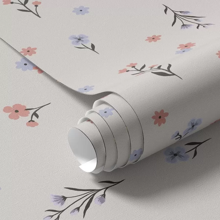 Fototapetai Mažos šviesiai rožinės ir mėlynos spalvos gėlės kreminiame fone a00110