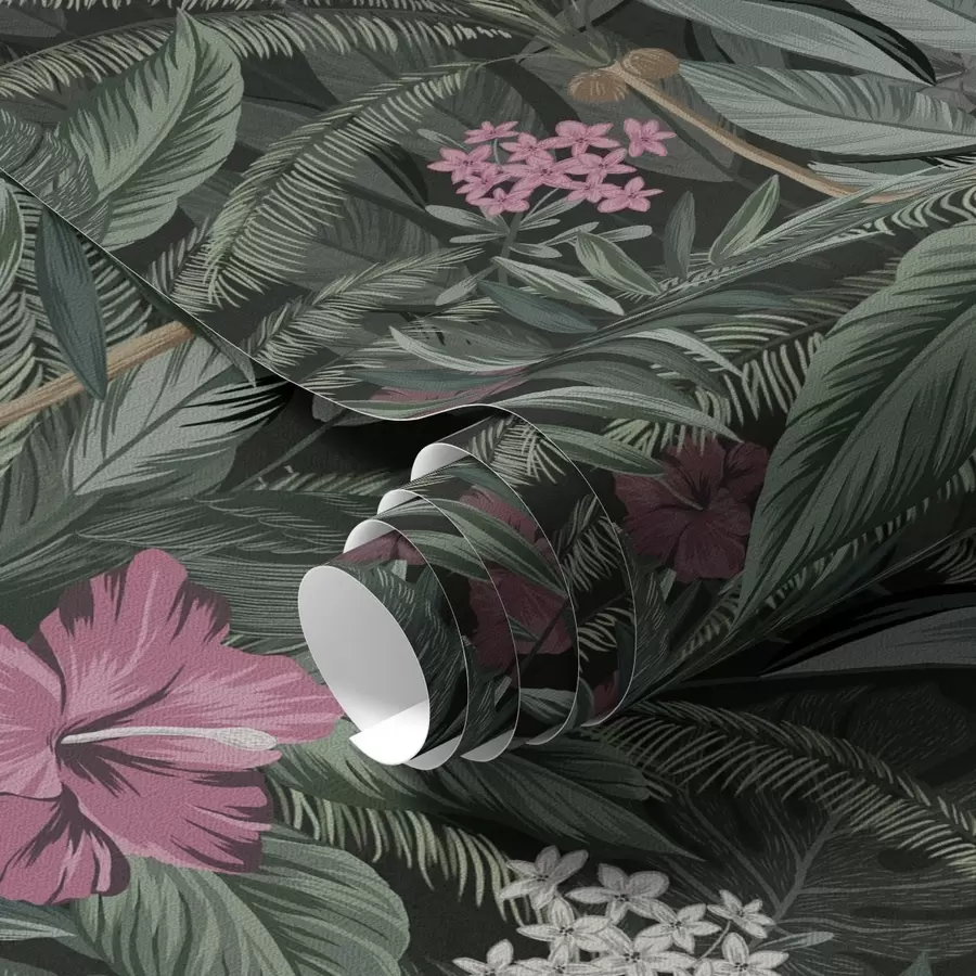 Fototapetai Atogrąžų lapai ir paukštis tamsiame fone a00140