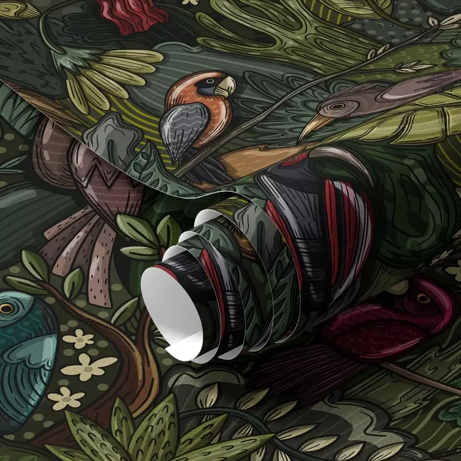 Fototapetai Graviūros stiliaus egzotiniai paukščiai džiunglėse a00157